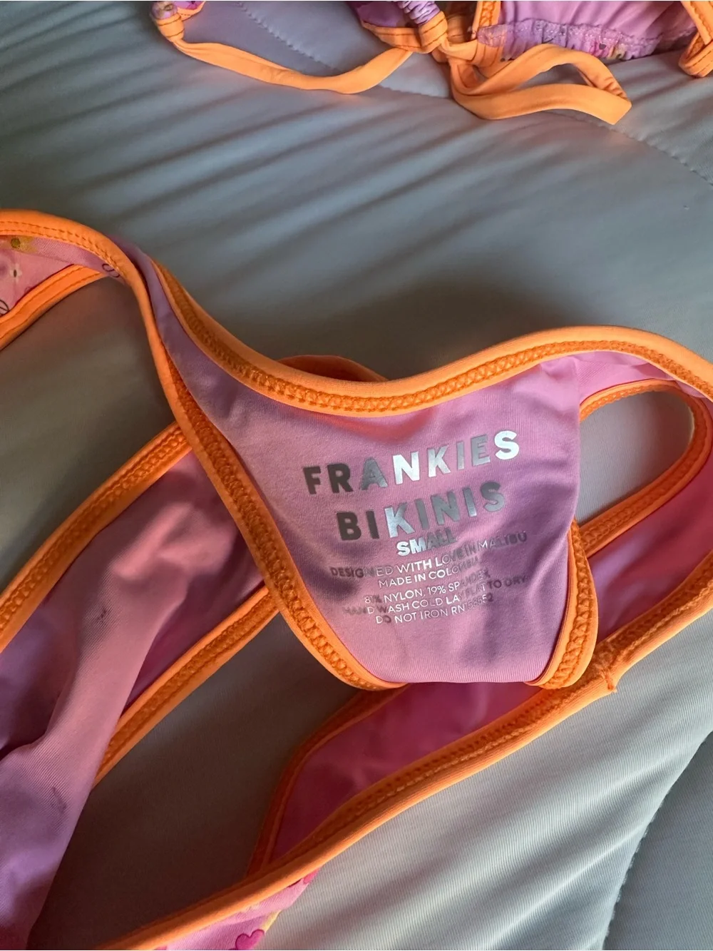Frankie's Bikinis Pink Triangle Bikini with Orange Trim